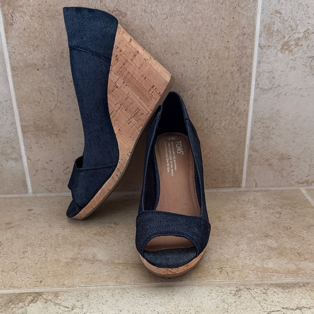 TOMS Dark Blue Peep-Toe Wedges